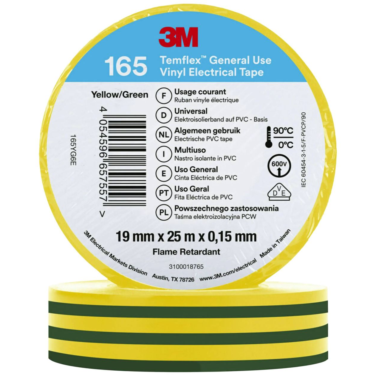 3M Temflex 165 165YG6E vinil szigetelőszalag, sárga-zöld, 25 m x 19 mm (165YG6E)