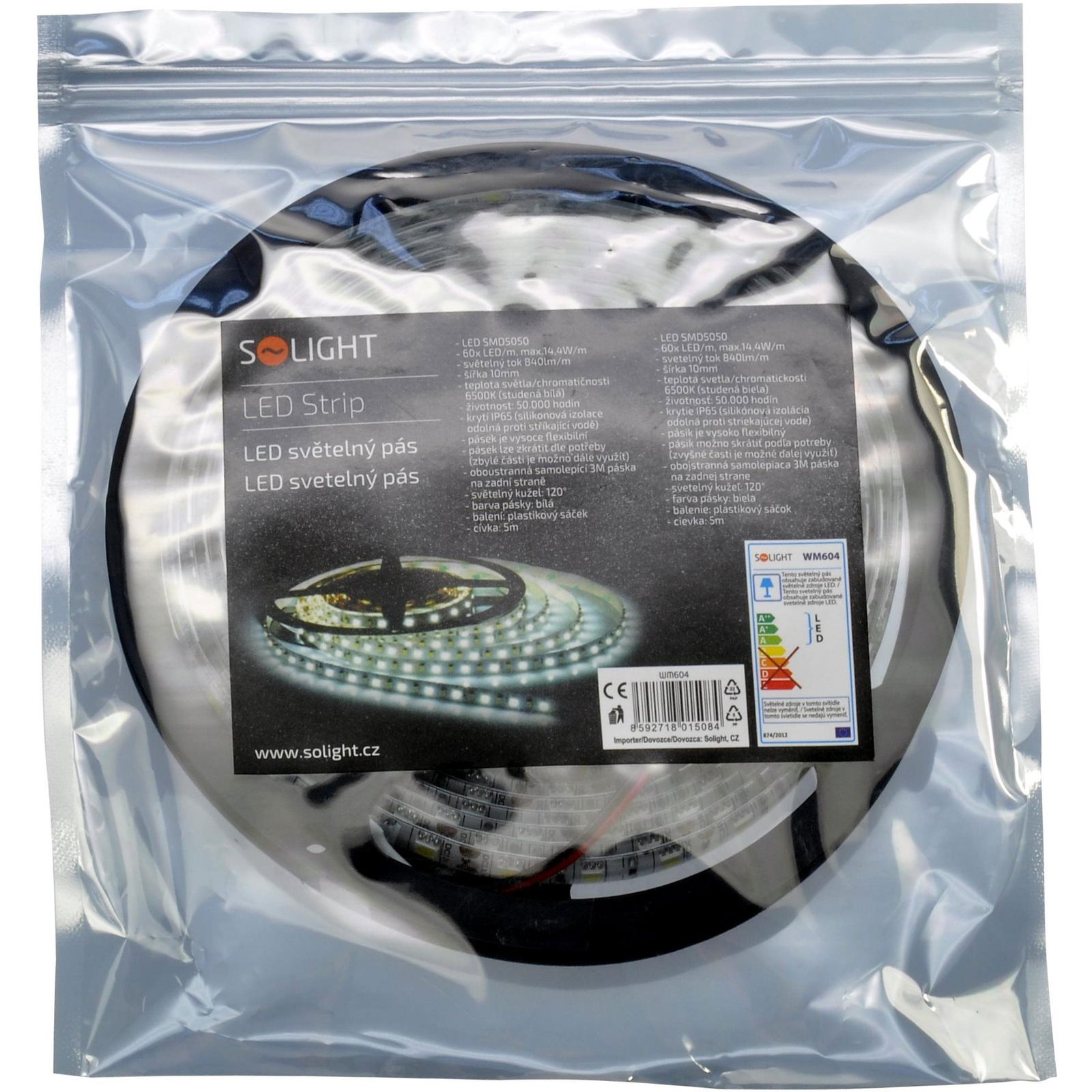 Solight LED fényszalag, 5 m, SMD5050 60 LED/m, 14,4 W/m, IP65, hideg fehér (WM604)