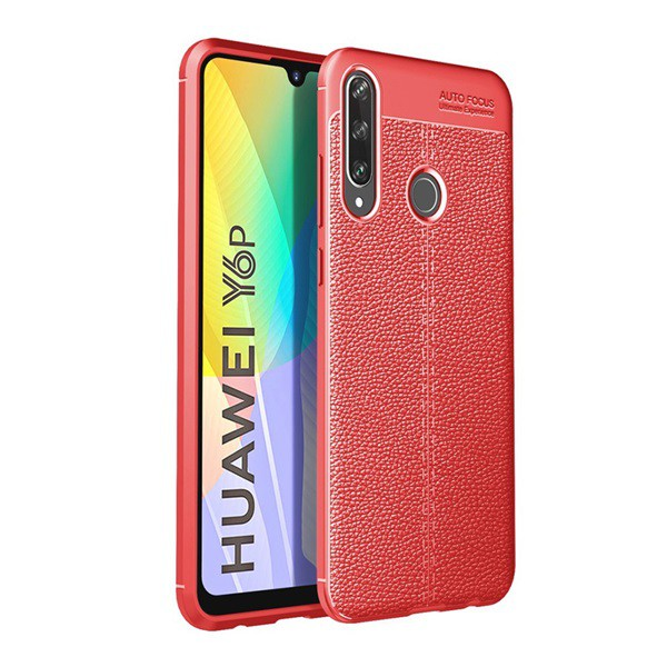 Szilikon telefonvédő (közepesen ütésálló, bőr hatású, varrás minta) PIROS [Huawei Y6p] (5996457979875)