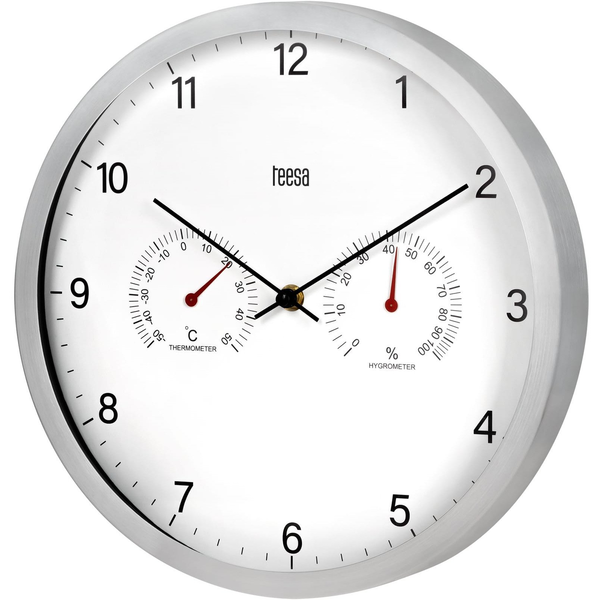 Teesa TSA0049 Nástěnné hodiny s teploměrem a vlhkoměrem, 30 cm, stříbrné