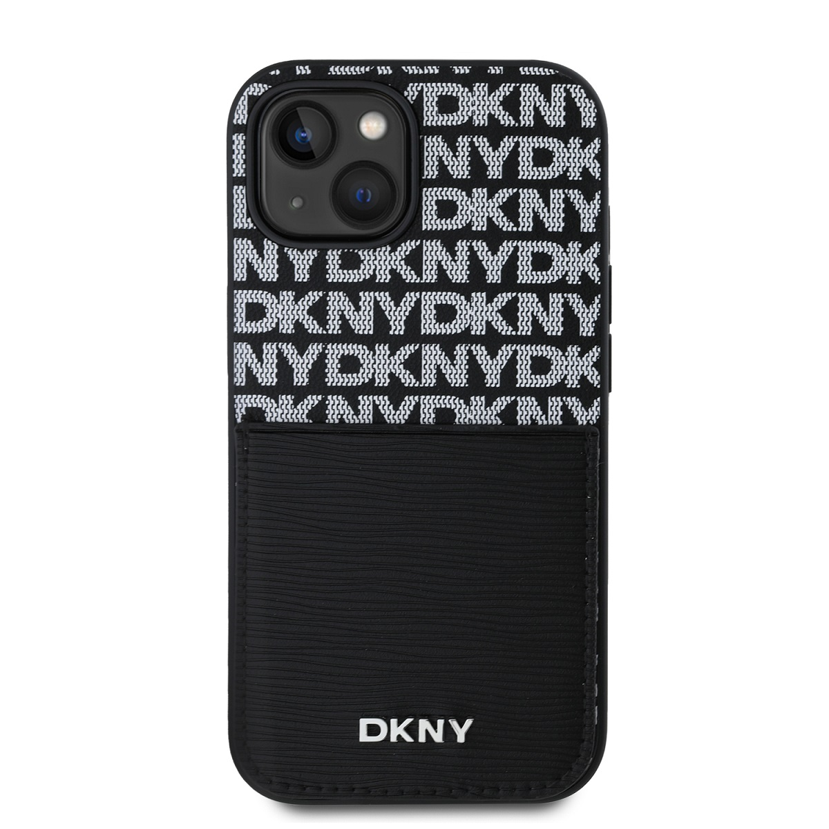 DKNY iPhone 14 MagSafe Kártyatartós Ismétlődő mintás PU Bőr Telefon tok - Fekete (DKHCP14SPCRTHLK)