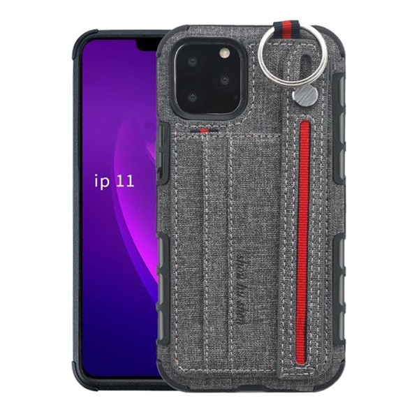 Apple iPhone 11 Pro Max, Szilikon tok, közepesen ütésálló, stand, textil hátlap, felakasztható, kézpánttal, szürke (G95786)