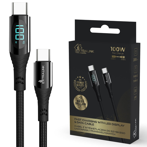 ExtraLink CABESL04 Smart Life USB Type-C apa - USB Type-C apa Adat és töltő kábel - Fekete (2m)