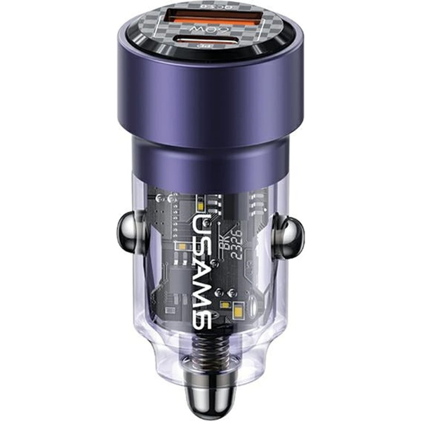 Usams C39 autós töltő USB+Type-C aljzat (60W, PD gyorstöltő 3.0) LILA (CC208CC02)