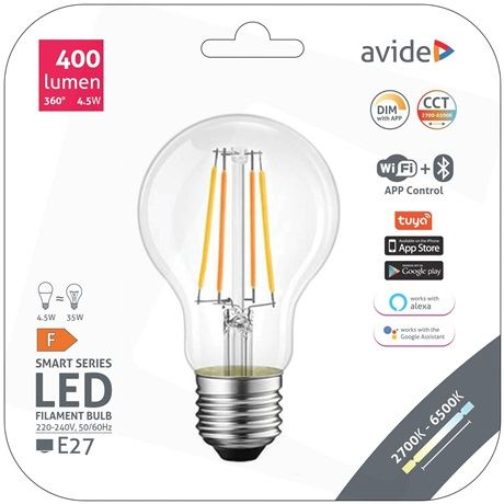 Avide Filament Globe LED fényforrás A60 4.5W CCT WIFI + BLE APP CONTROL (ASF27CCT-4.5W-WIBLE) (ASF27CCT-4.5W-WIBLE)