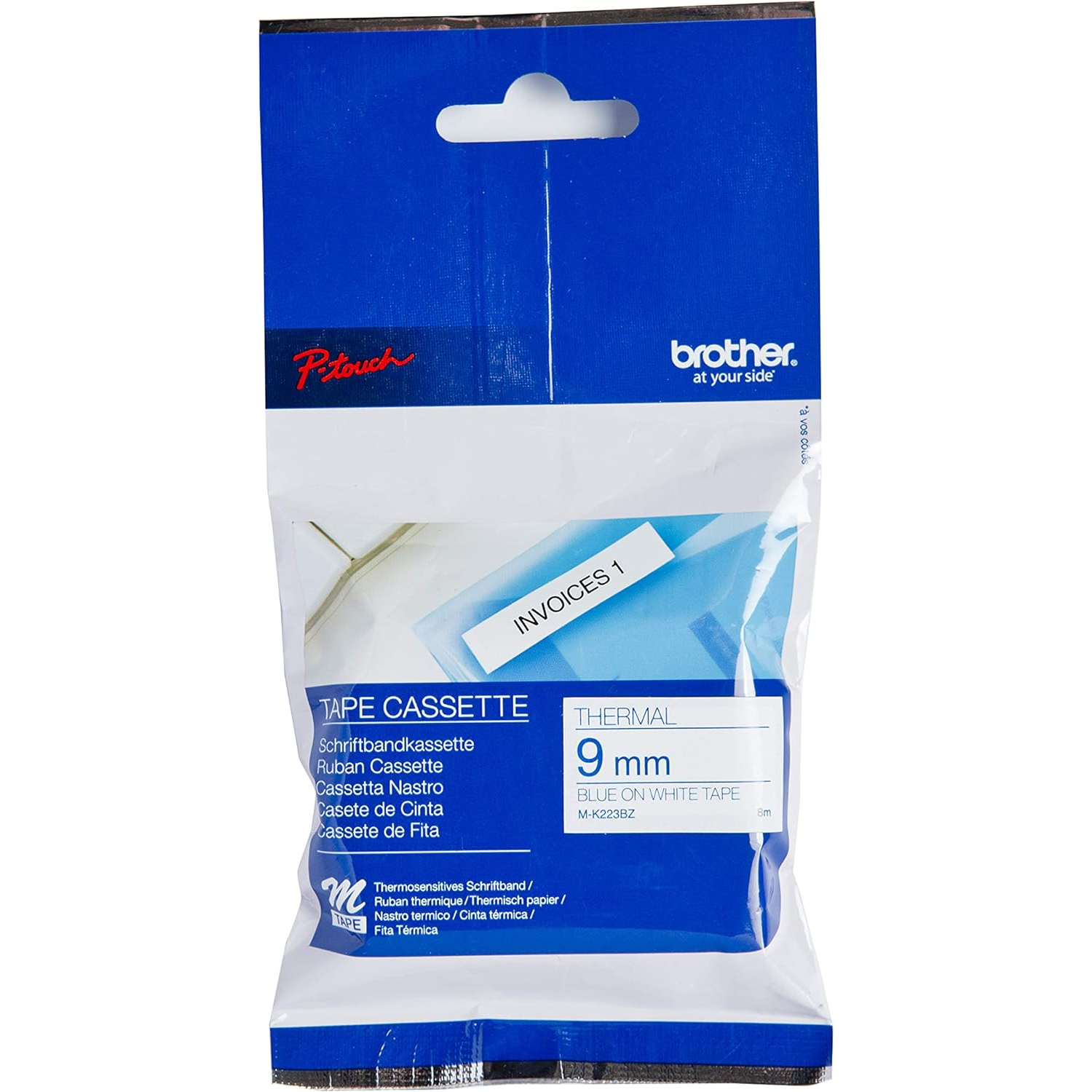 Brother M-K223 9mm Blue on White Tape címkéző szalag (MK223BZ)