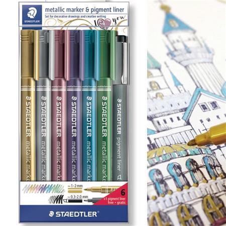 Staedtler 1-2 mm Dekormarker kúpos - 6 különböző metál szín ajándék fekete tusfilccel (7 db) (8323-SWP6P)
