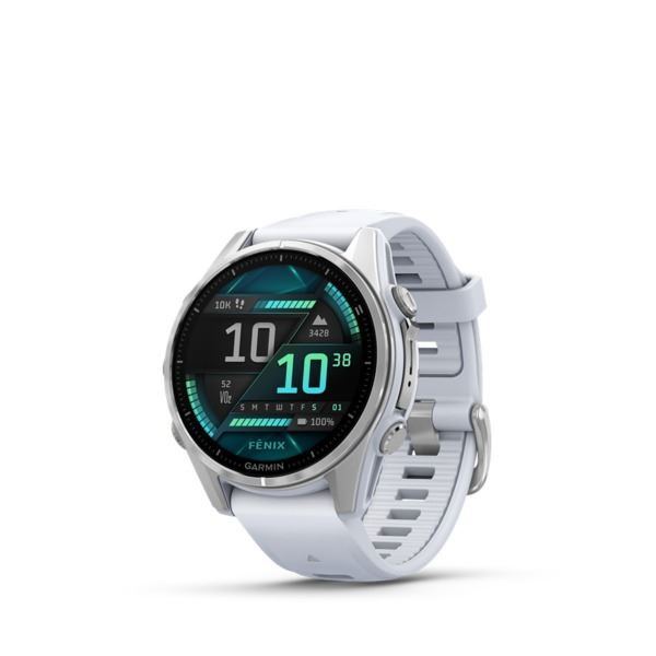 Garmin Fenix 8 43mm AMOLED okosóra, ezüst, fehér szilikon szíjjal