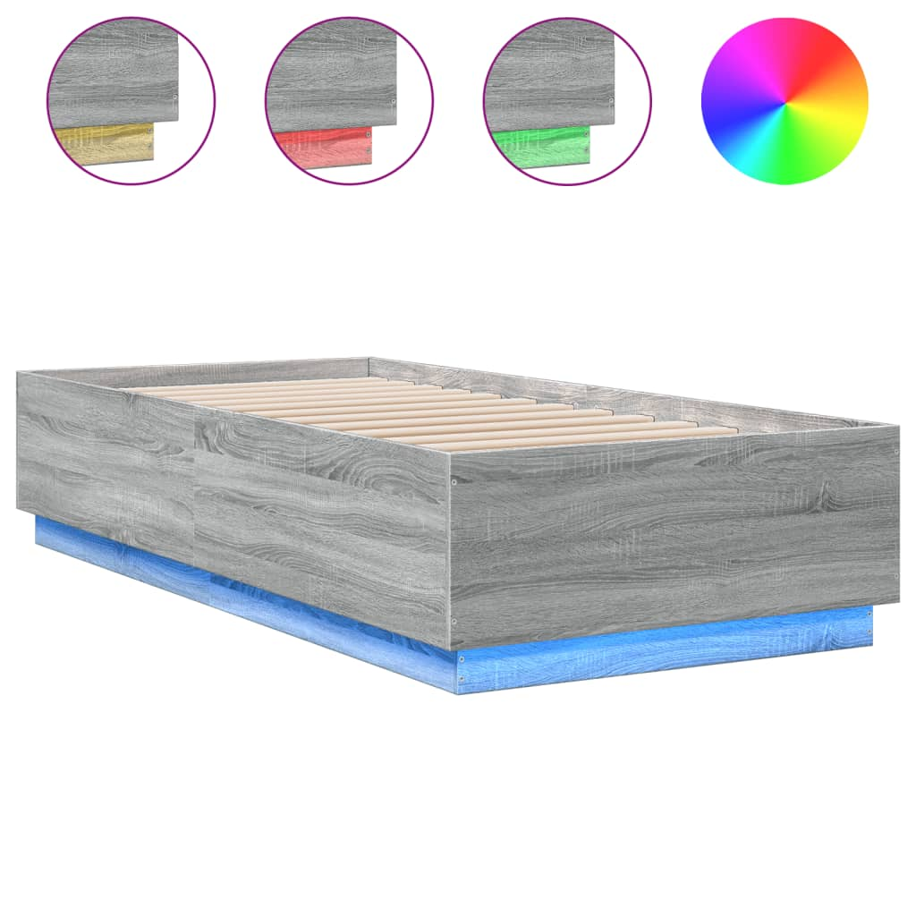 szürke sonoma színű szerelt fa ágykeret LED-del 90 x 200 cm (3209637)