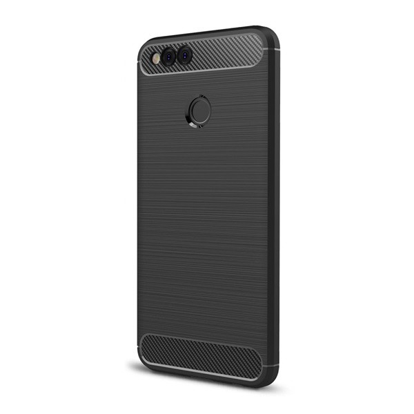 Szilikon telefonvédő (közepesen ütésálló, légpárnás sarok, szálcsiszolt, karbon minta) FEKETE [Honor 7x] (5996457769124)