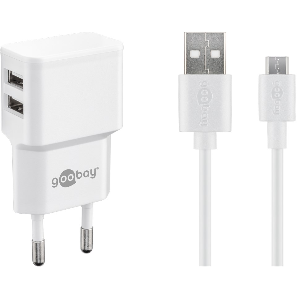 Goobay Micro-USB / 2x USB-A Hálózati töltő - Fehér (5V / 2.4A) (44985)