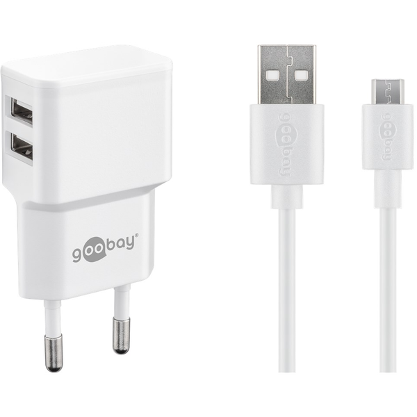 Goobay Micro-USB / 2x USB-A Hálózati töltő - Fehér (5V / 2.4A)
