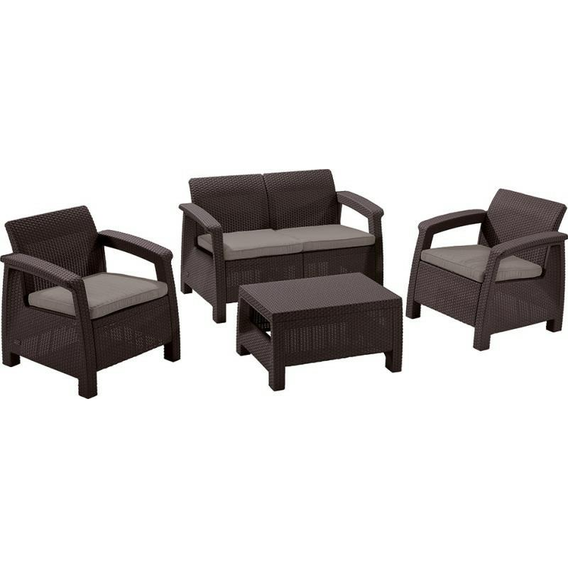 KETER 223201 Corfu set kerti bútor garnitúra, barna színben, meleg taupe párnával (223201)