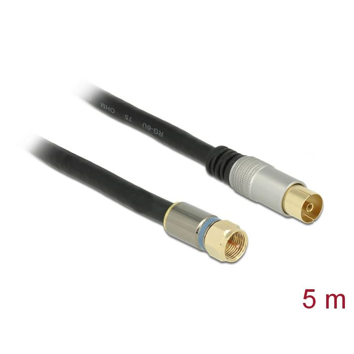 Delock F -dugó > IEC- hüvely RG-6/U antenna kábel 5m fekete (88962) (DE88962)