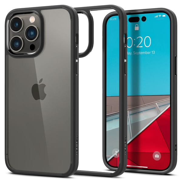 Apple iPhone 14 Pro Max, Пластмасов гръб + силиконова рамка, Spigen Ultra Hybrid, прозрачен/черен (125621)
