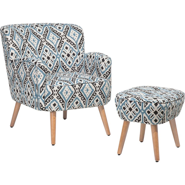 Sillón Tapizado En Tela Multicolor Con Reposapiés Patas De Madera Patrón Ikat Retro Boho Tumba - Multicolor