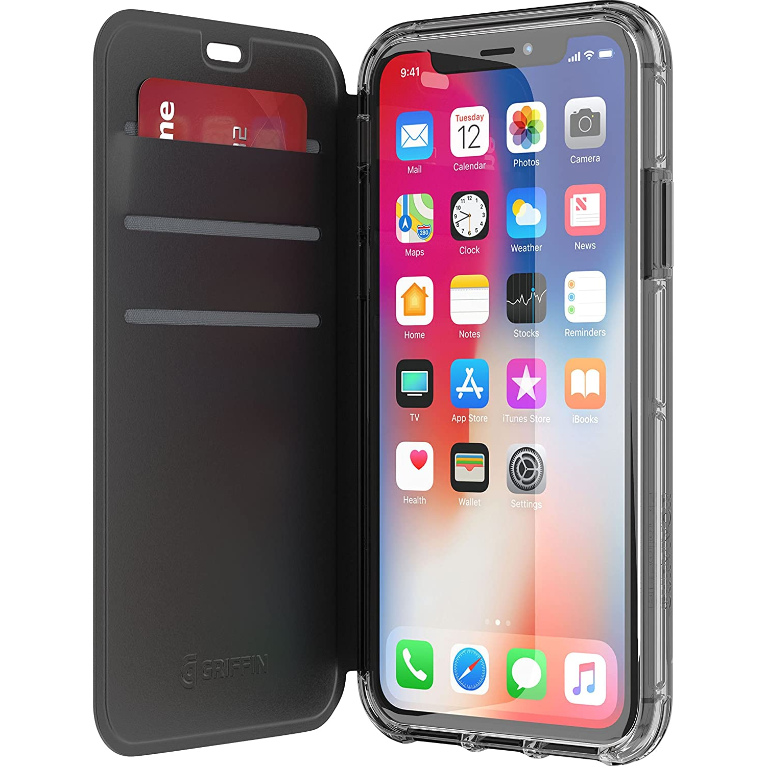 Griffin Survivor Clear Wallet Apple iPhone X / XS Flip Bőrtok - Átlátszó/Fekete (TA43989)