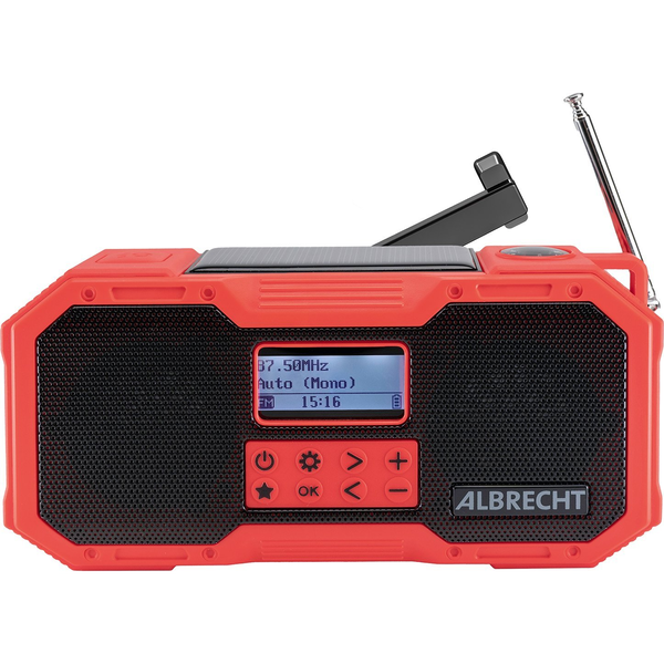 Albrecht DR 112 Kültéri rádió DAB+, URH Vészhelyzeti rádió, USB, Bluetooth® Akkutöltő funkció, Kézi kurbli, Napelem, Fröccsenő víz ellen védett,