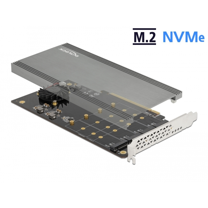 Delock PCI Expresz x16 kártya - 4 x belső NVMe M.2 M-kulcs hűtőbordával és ventilátorral - elágazás (90050) (90050)