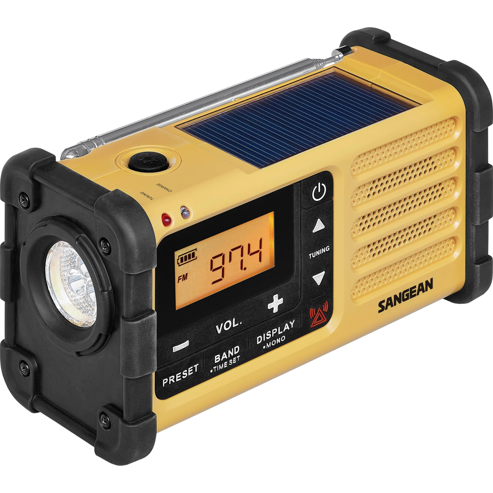 Sangean MMR-88 Kültéri rádió URH, AM Vészhelyzeti rádió Akkutöltő funkció, Zseblámpa, Újratölthető, Napelem, Kézi kurbli Fekete, Sárga (A500558)