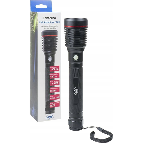 PNI Adventure F420 LED akkumulátoros zseblámpa, 10W, 1000 lm, micro USB, IPX4, Alumínium
