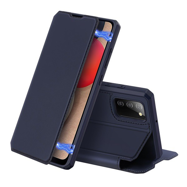 DUX DUCIS SKIN X tok álló, bőr hatású (FLIP, oldalra nyíló, asztali tartó, vezeték nélküli töltés támogatás) SÖTÉTKÉK [Samsung Galaxy A02s (SM-A025F)] (5996591068329)