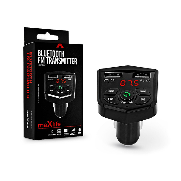 Maxlife Bluetooth FM-transmitter/szivargyújtó töltő - 2xUSB + microSD kártyaolvasó - Maxlife MXFT-02 - 5V/3.1A - fekete
