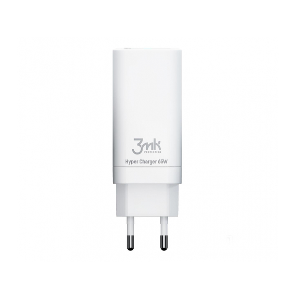 3MK мрежово зарядно устройство, HyperCharger, GaN, бързо зареждане, 65 W, 1 X USB - 2 x USB Type-C, бял