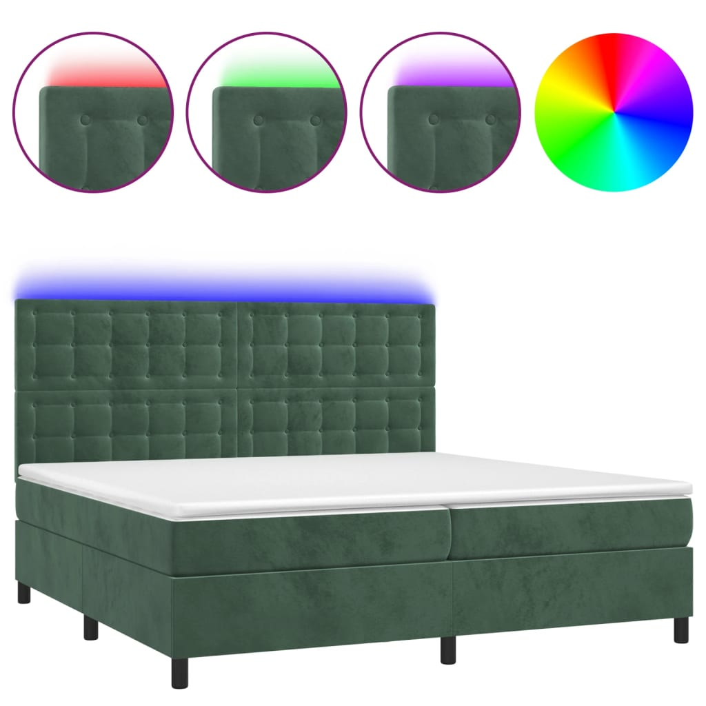 sötétzöld bársony rugós és LED-es ágy matraccal 200x200 cm (3136386)