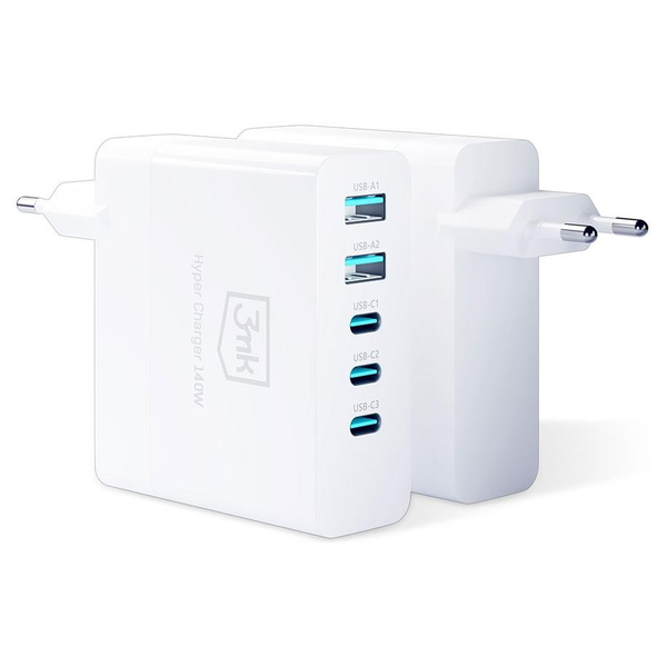 Мрежово зарядно устройство 3MK, Hyper Charger GaN, Бързо зареждане, 140 W, 2 X USB - 3 x USB Type-C, Бял