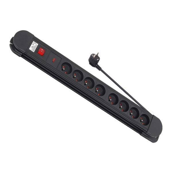 Удължителен кабел Maclean,8 гнезда и заземяване, Дължина 1,5 м, Мощност 2300 W, Защита от деца, Бутон за включване/изключване, Черен