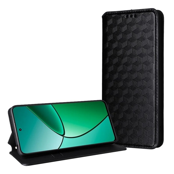 gigapack Tok álló, bőr hatású (FLIP, oldalra nyíló, asztali tartó, teljes 3D rombusz, prémium) FEKETE Realme 14 / 14T " csomagolás" (GP-170005)