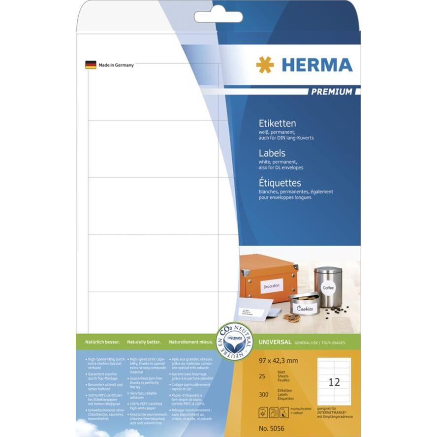 HERMA Etiketten Premium A4 weiß 97x42,3 mm Papier 300 St. (5056) (5056)