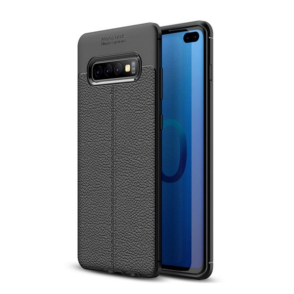 Szilikon telefonvédő (közepesen ütésálló, bőr hatású, varrás minta) FEKETE [Samsung Galaxy S10 Plus (SM-G975)] (5996457847891)