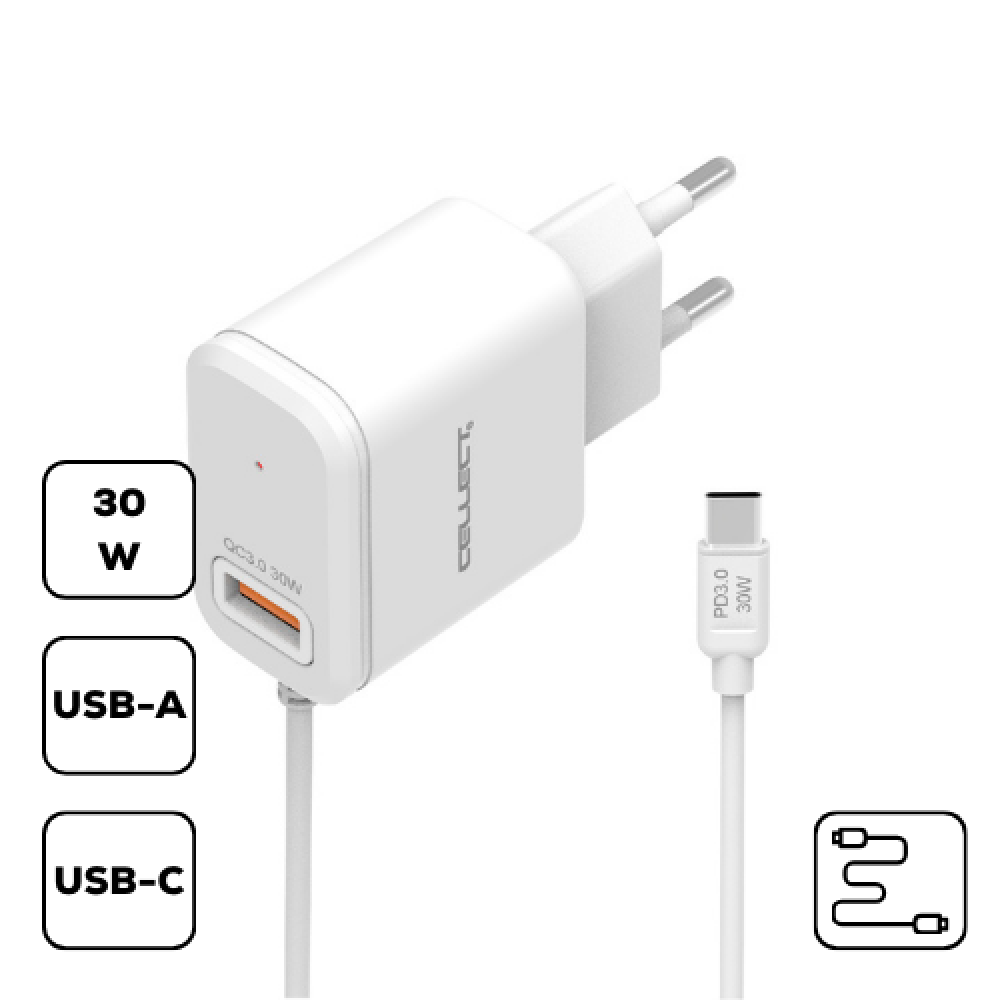 Cellect HS-H47-30W USB-A Hálózati töltő + USB-C kábel - Fehér (30W) (HS-H47-30W)