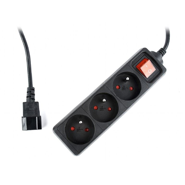 Удължител Gembird, UPS, С 3 контакта Schuko, Мъжки щепсел IEC C13, Превключвател и защита от деца, Кабел 60 см