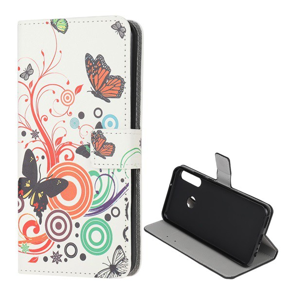 Tok álló, bőr hatású (FLIP, oldalra nyíló, asztali tartó funkció, pillangó, kör minta) FEHÉR [Huawei P40 Lite E / Y7p] (5996457954209)