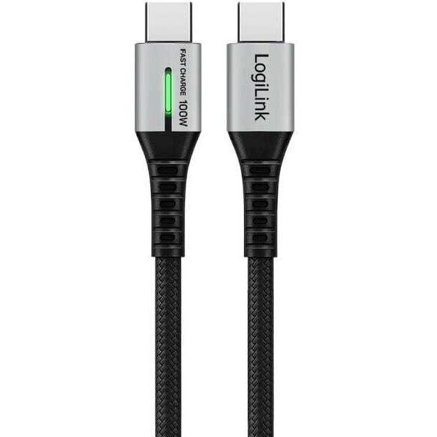 Logilink USB 2.0 Type-C kábel, C/M - C/M, 480 Mbps, 100W, LED, nejlon, fém, fekete, 0,3 m (CU0420)