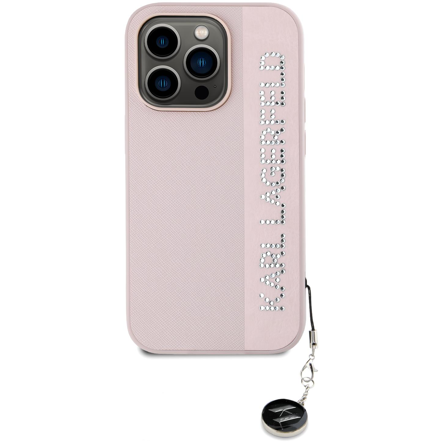 Karl Lagerfeld PU Saffiano Rhinestone Charm iPhone 14 Pro Max rózsaszín tok (KLHCP14XPSAKDGCP)