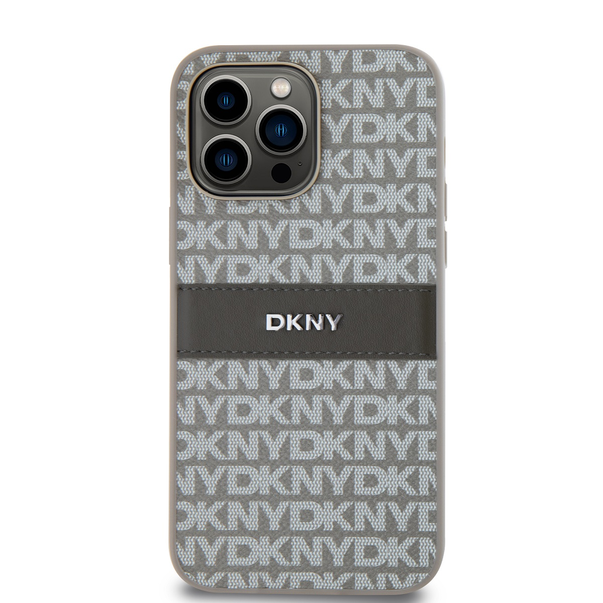 DKNY iPhone 14 Pro Ismétlődő mintás PU Bőr Telefon tok - Bézs (DKHCP14LPRTHSLE)