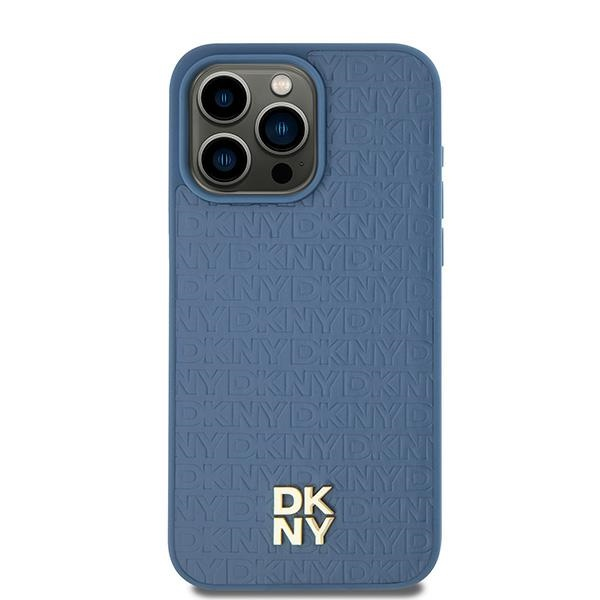 DKNY iPhone 13 / 14 / 15 MagSafe Fém LOGO keménykeretes bőr Telefon tok - Kék (DKHMP15SPSHRPSB)