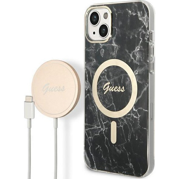 Guess Marble MagSafe Apple iPhone 14 Plus hátlap tok, fekete+ MagSafe töltő (GUE002569)