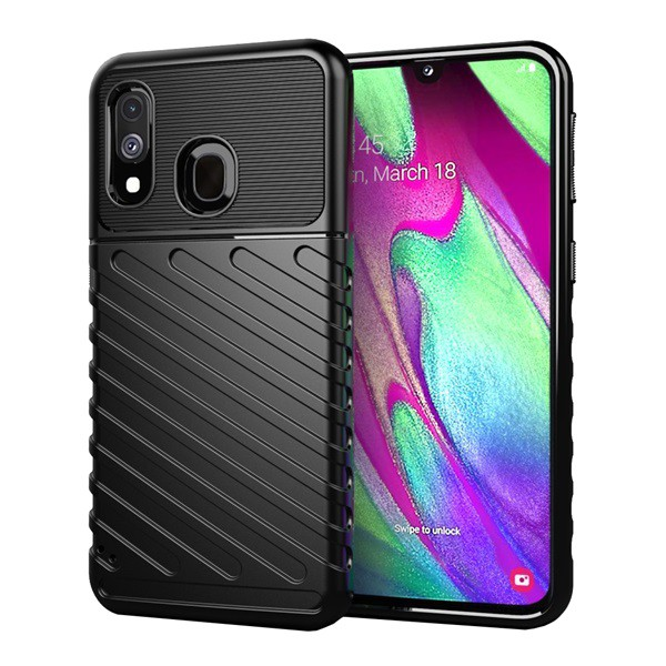 Силиконов защитен калъф за гръб за телефон (средно удароустойчив, на райета, релефен модел), черен [Samsung Galaxy A40 (SM-A405F)]