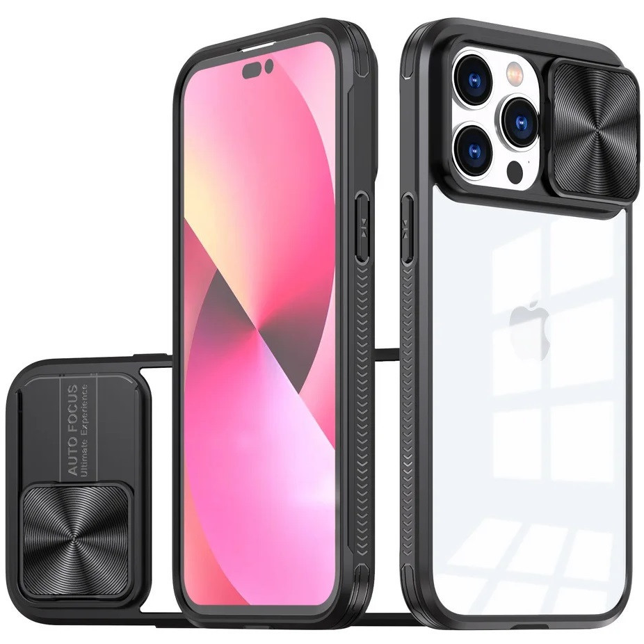 Apple iPhone 16 Pro, Műanyag hátlap + szilikon keret, átlátszó akril hátlap, kamera védelem, Wooze Trendy, fekete (TS6723)