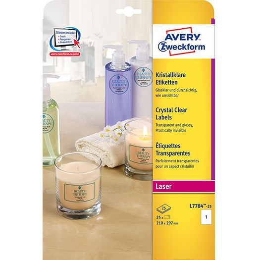Avery L7784-25 210x297mm 25db-os poliészter víztiszta etikett (7784-25)