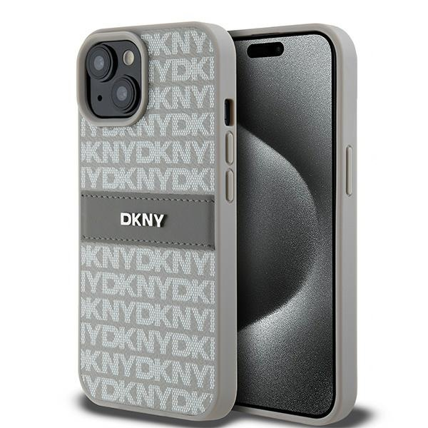 DKNY iPhone 14 Plus / 15 Plus Ismétlődő mintás PU Bőr Telefon tok - Bézs (DKHCP15MPRTHSLE)
