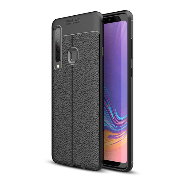 Szilikon telefonvédő (közepesen ütésálló, bőr hatású, varrás minta) FEKETE [Samsung Galaxy A9 (2018) SM-A920] (5996457823840)
