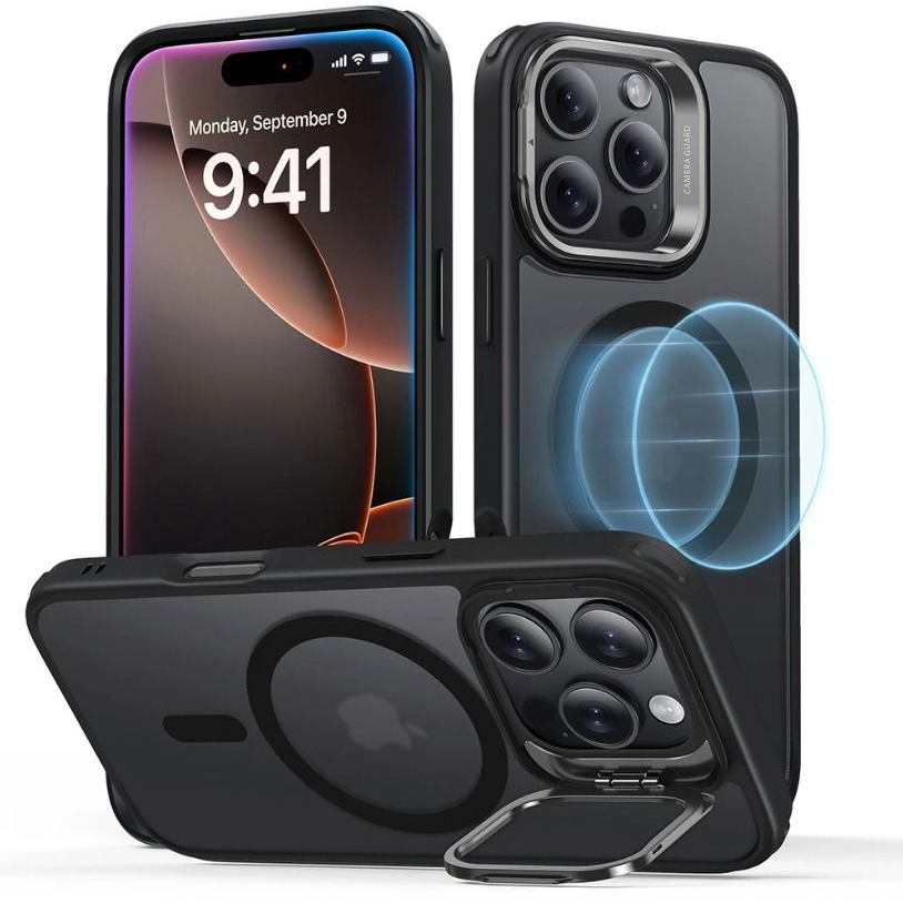 ESR Classic Hybrid Case with Stash Stand (HaloLock), Compatible with iPhone 16 Pro Max, Frosted Black tok (1A7500301)