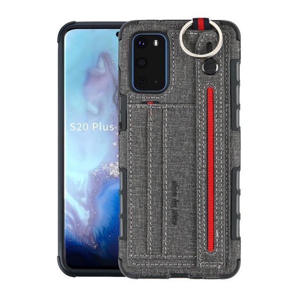 Szilikon telefonvédő (közepesen ütésálló, asztali tartó funkció, bankkártya tartó, textil hátlap + kézpánt) SZÜRKE [Samsung Galaxy S20 (SM-G980F)] (5996457957859)