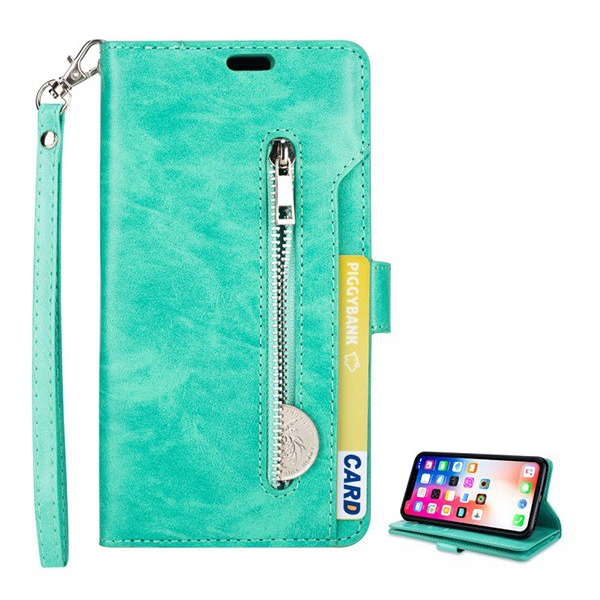 Tok álló, bőr hatású (FLIP, oldalra nyíló, asztali tartó funkció, cipzáras pénztárca, csuklópánt) CYAN [Apple iPhone XS Max 6.5] (5996457803866)